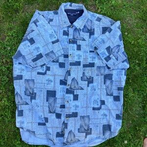 Blue and Gray Casual Button Down Shirt with Nautical Pattern